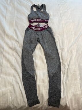 Gymshark Gray Seamless Leggings with Burgundy Logo Waistband and matching bra